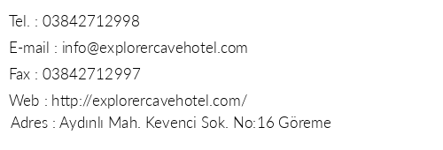 Explorer Cave Hotel telefon numaralar, faks, e-mail, posta adresi ve iletiim bilgileri